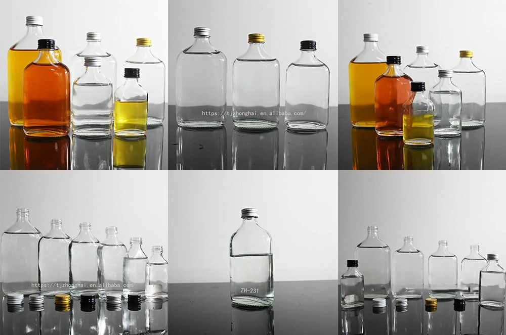 Flat Empty Flask Liquor Brandy Glass Bottle 50ml 100ml 200ml 250ml 350ml 500ml