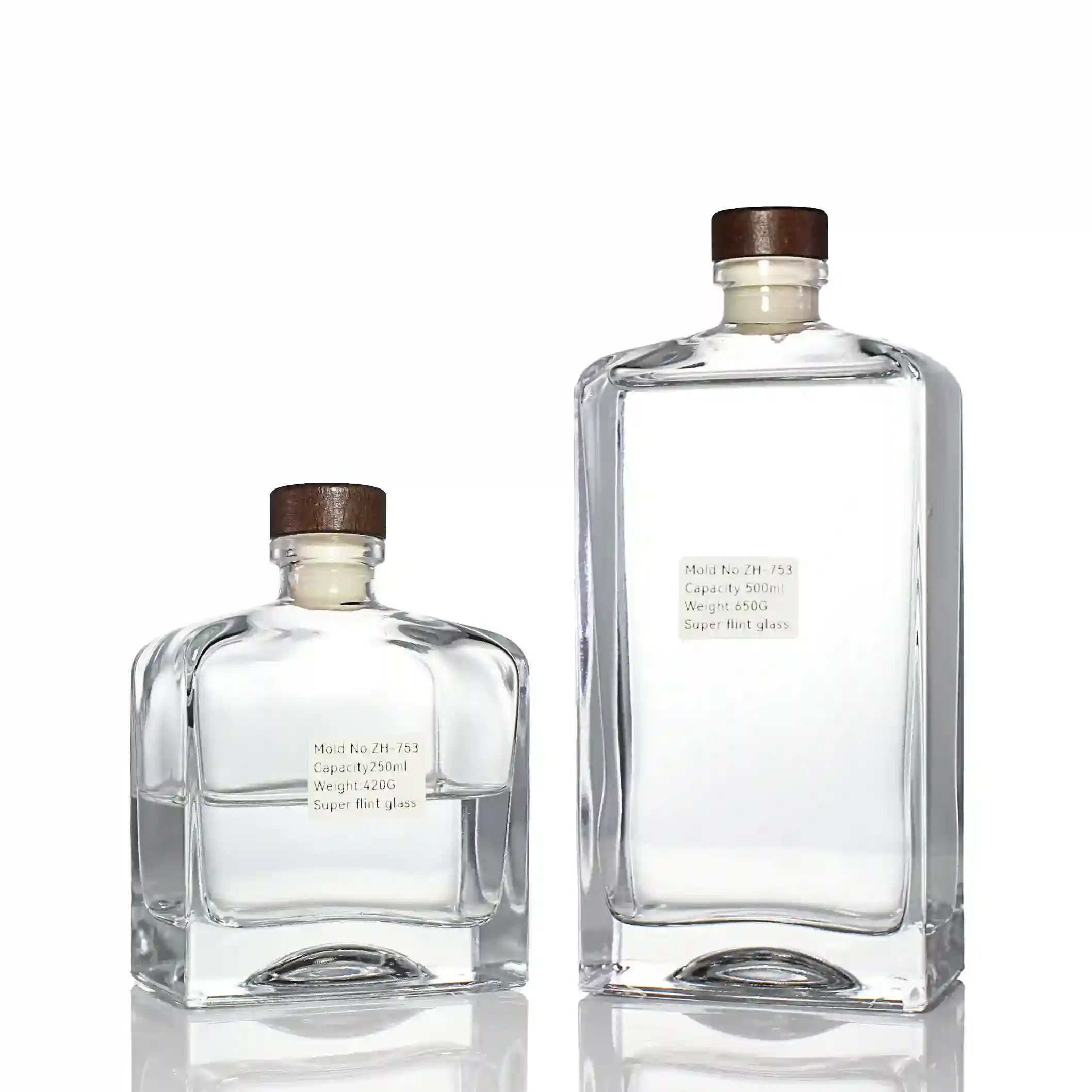 Square Shape Gin Glass Bottle With Wooden Cork 250ml 500ml