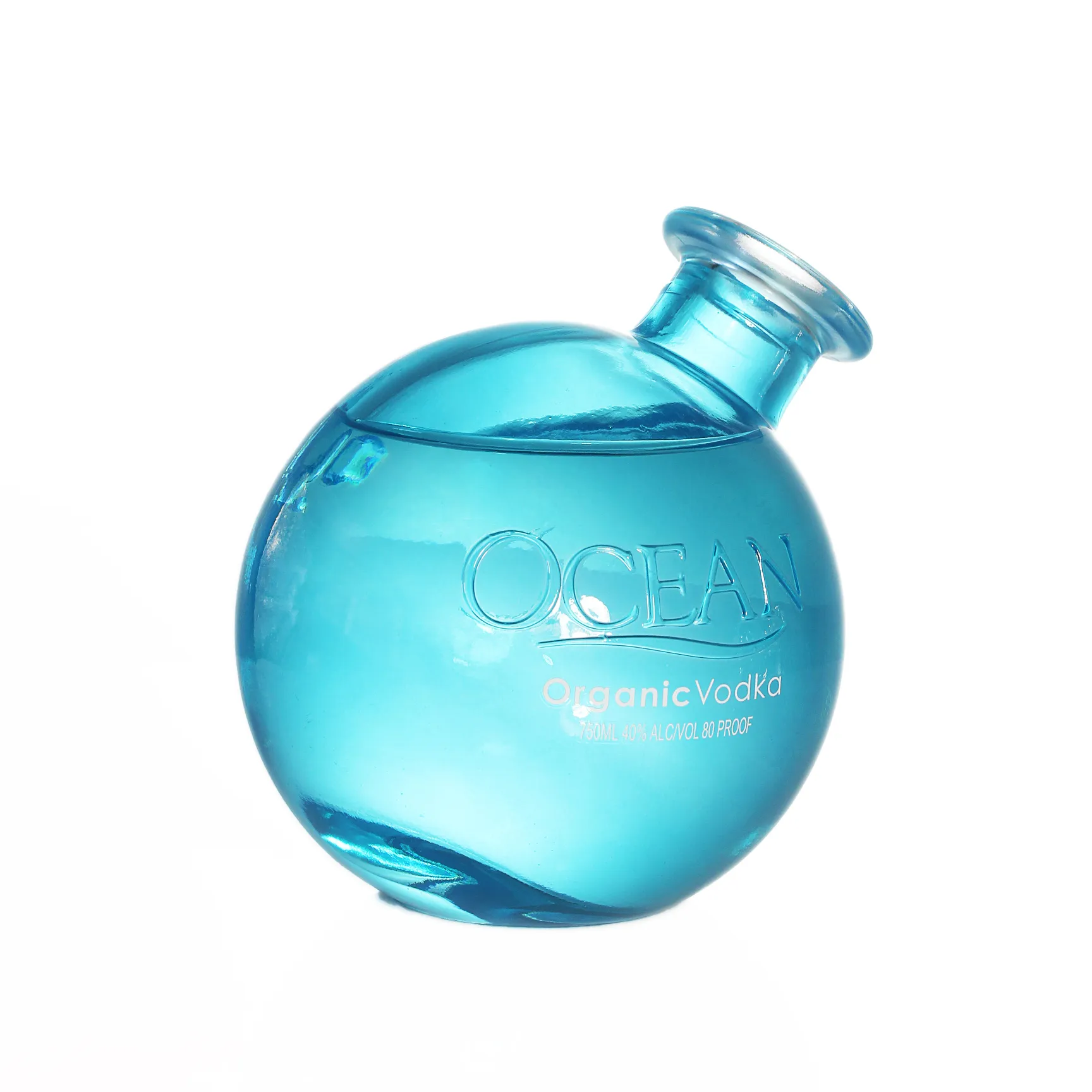 Blue Spherical Vodka Glass Bottle With Embossed Logo & Cork 750ml