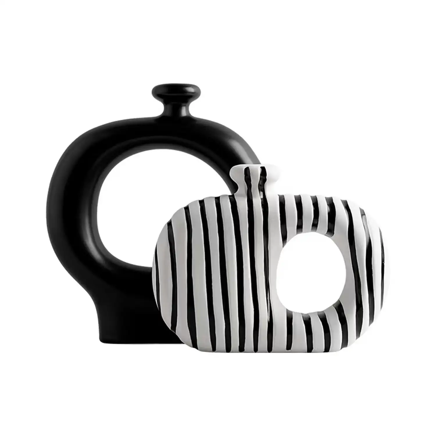 Black and White Striped Ceramic Vase Flower Pot