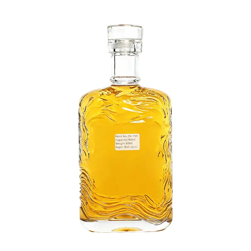 Excellent Flat Whiskey Glass Bottle With Engraved Ripples Logo 750ml (1) Excellent Flat Whiskey Glass Bottle With Engraved Ripples Logo 750ml