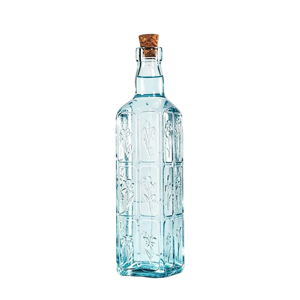 Blue Square-shaped Embossed Floral Design Decorative Flower Vinegar Olive Oil Glass Bottle 500ml