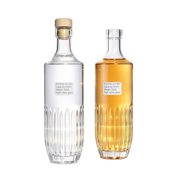 Flat Shoulder Stripes Vodka Gin Glass Bottle With Wooden Anti-Drip Pourer Cork 500ml