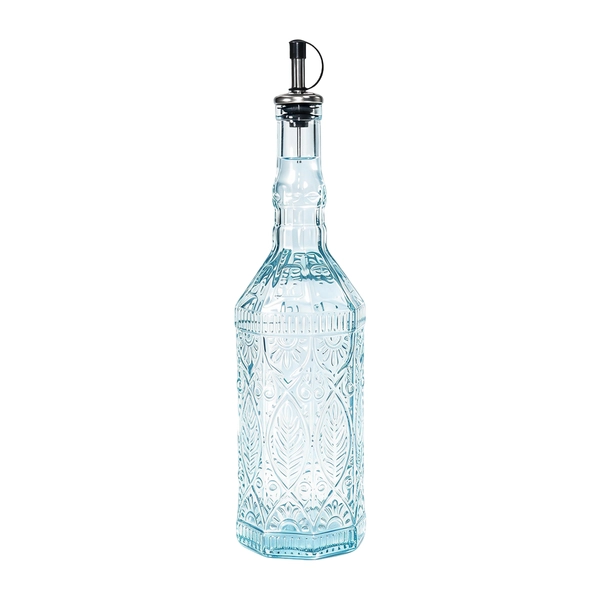Light Blue Embossed Home Fiesole Glass Bottle Stainless Steel Pourer 700ml