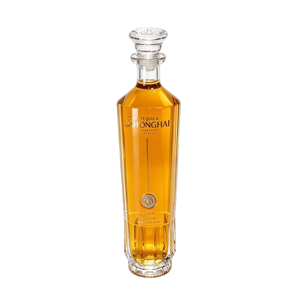 Luxury Flint Printed Tequila Bottle With Ornate Glass Stopper Soft Aluminum Label 750ml