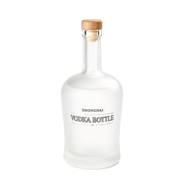 Round Frosted Empty Decal Printed Vodka Glass Bottle With Wooden Cork 700ml